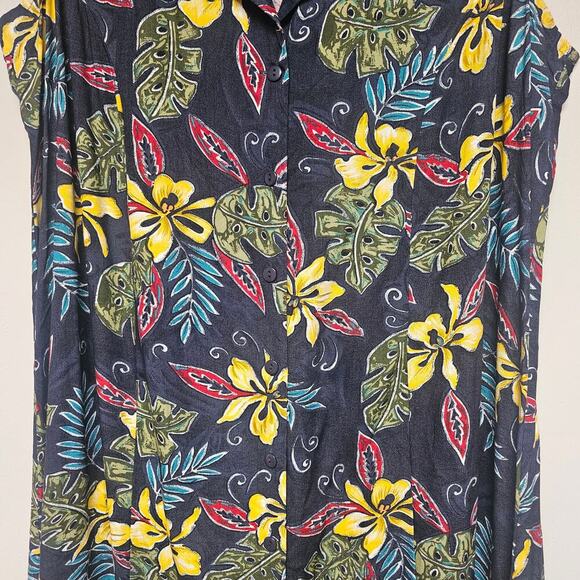 Vintage 90s Long Maxi Floral Blue Yellow Red Tropical Print Dress Size 16W - Picture 2 of 4